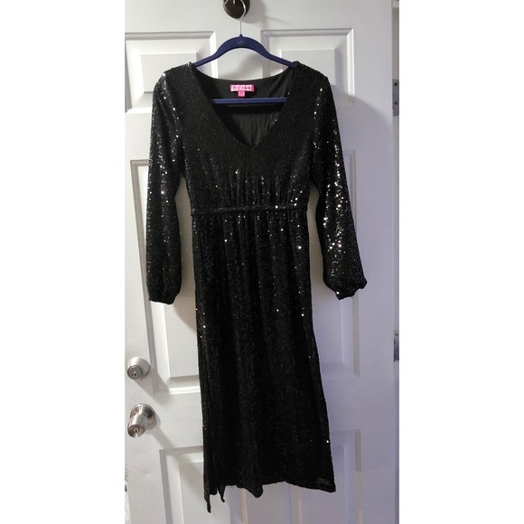 Betsey Johnson Black Sequin V Neck Long Sleeve Midi Dress Xs